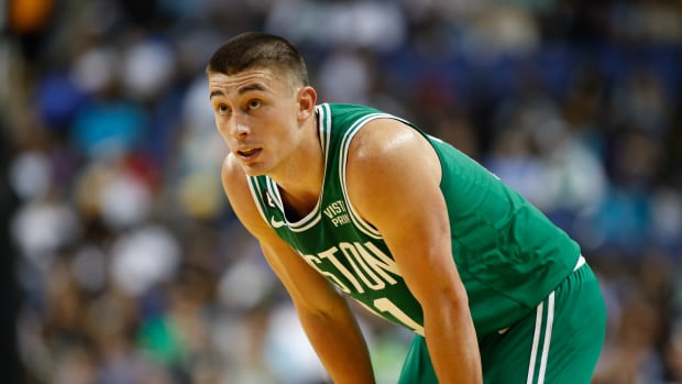 Celtics guard Payton Pritchard during a timeout.